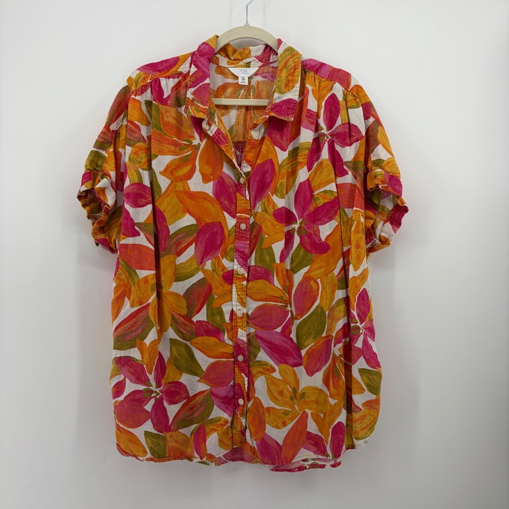 Time and Tru Womens XXL Multicolor Floral Linen Blend Button Up Short Sleeve Top
